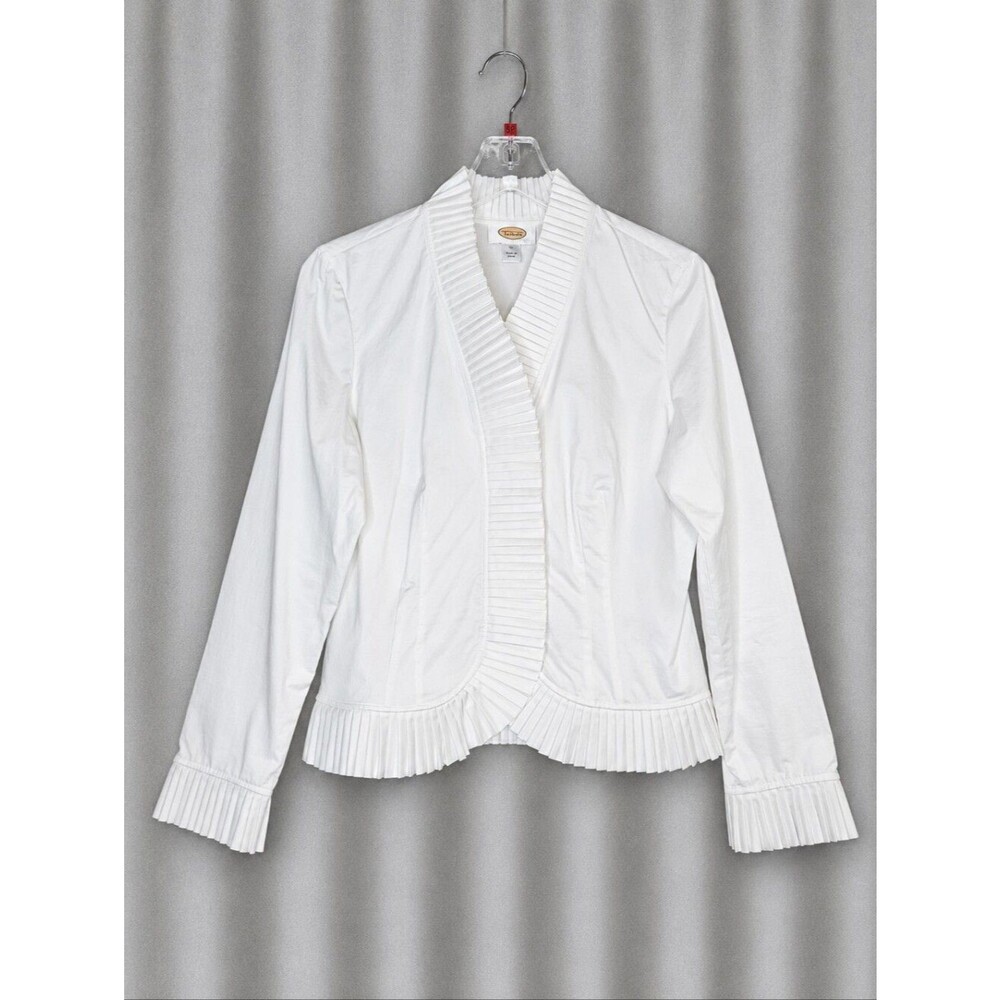 Talbots Vintage White Pleated Trim Cotton Poplin Architectural Statement Blouse
